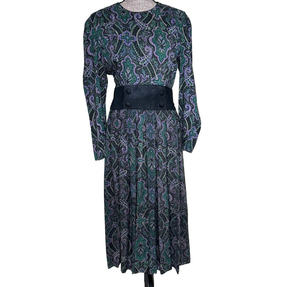 Vintage Karin Stevens Purple Green Paisley Long Sleeve Midi Dress